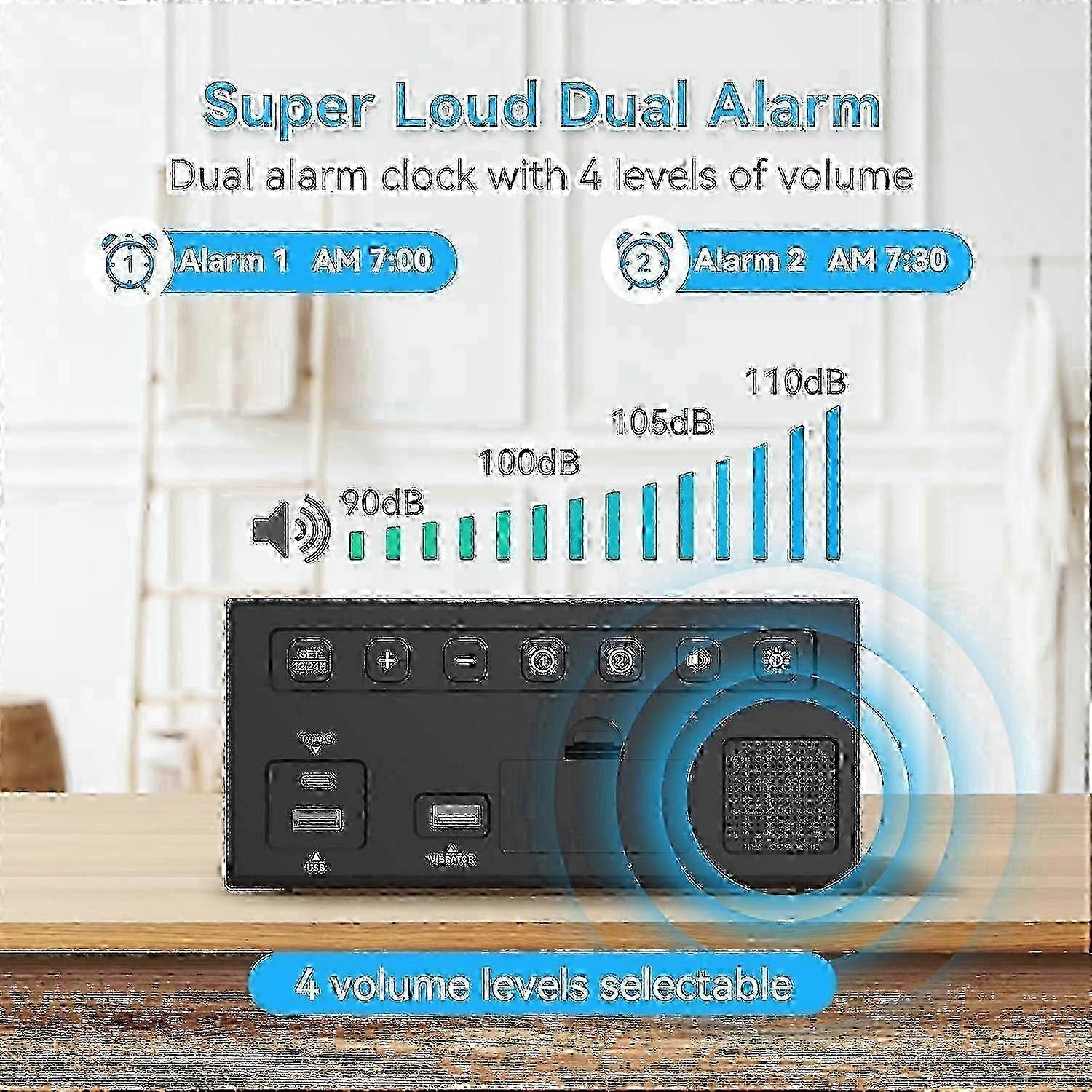 Loud vibrating clock compatible with heavy sleepers with bed shaker