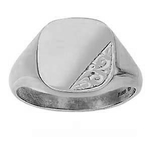 Silver 15x16mm hand engraved solid cushion Signet Ring Size Z