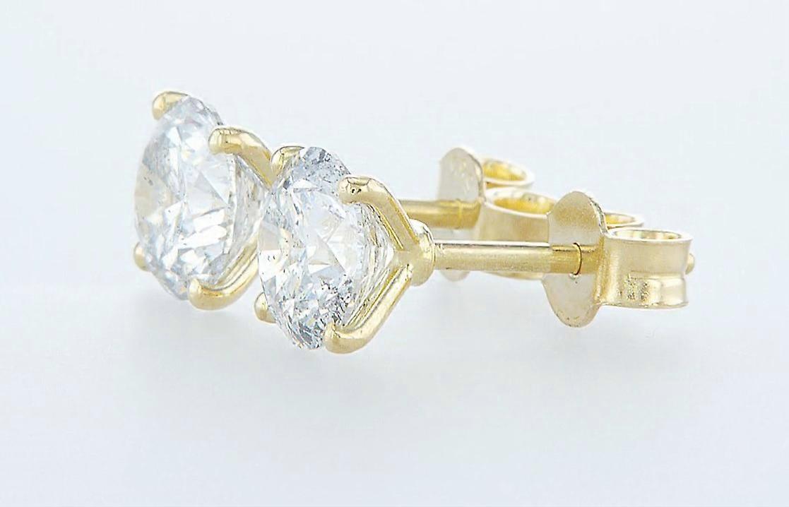14k Yellow Gold Round Cut Diamond Solitaire Prong Set Classic Stud Earrings (2.11 Ct, E Color, SI2-SI3 Clarity)