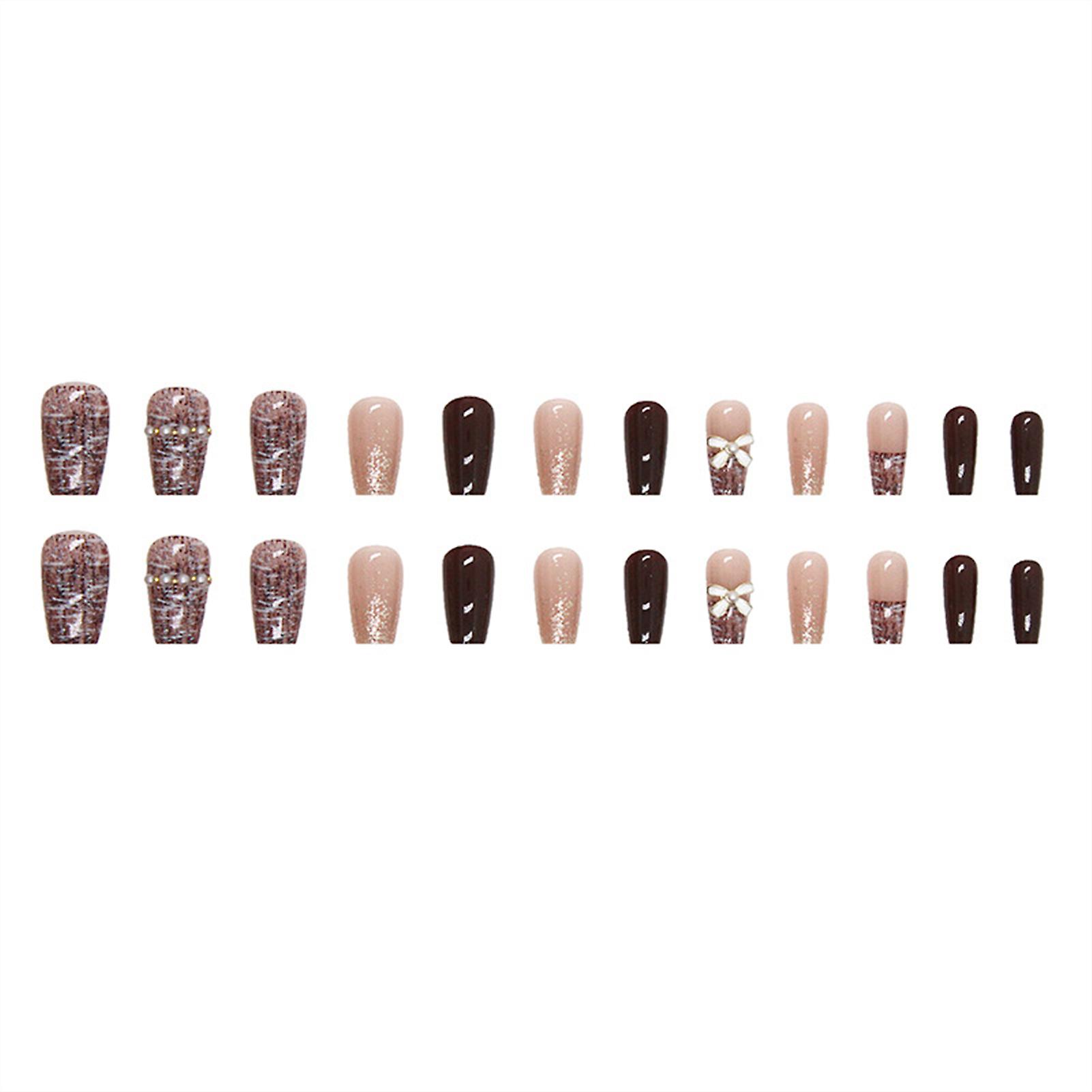 Pearl Bow Setting Coffee False Manicure Chip-proof Smudge-proof Fake Nails