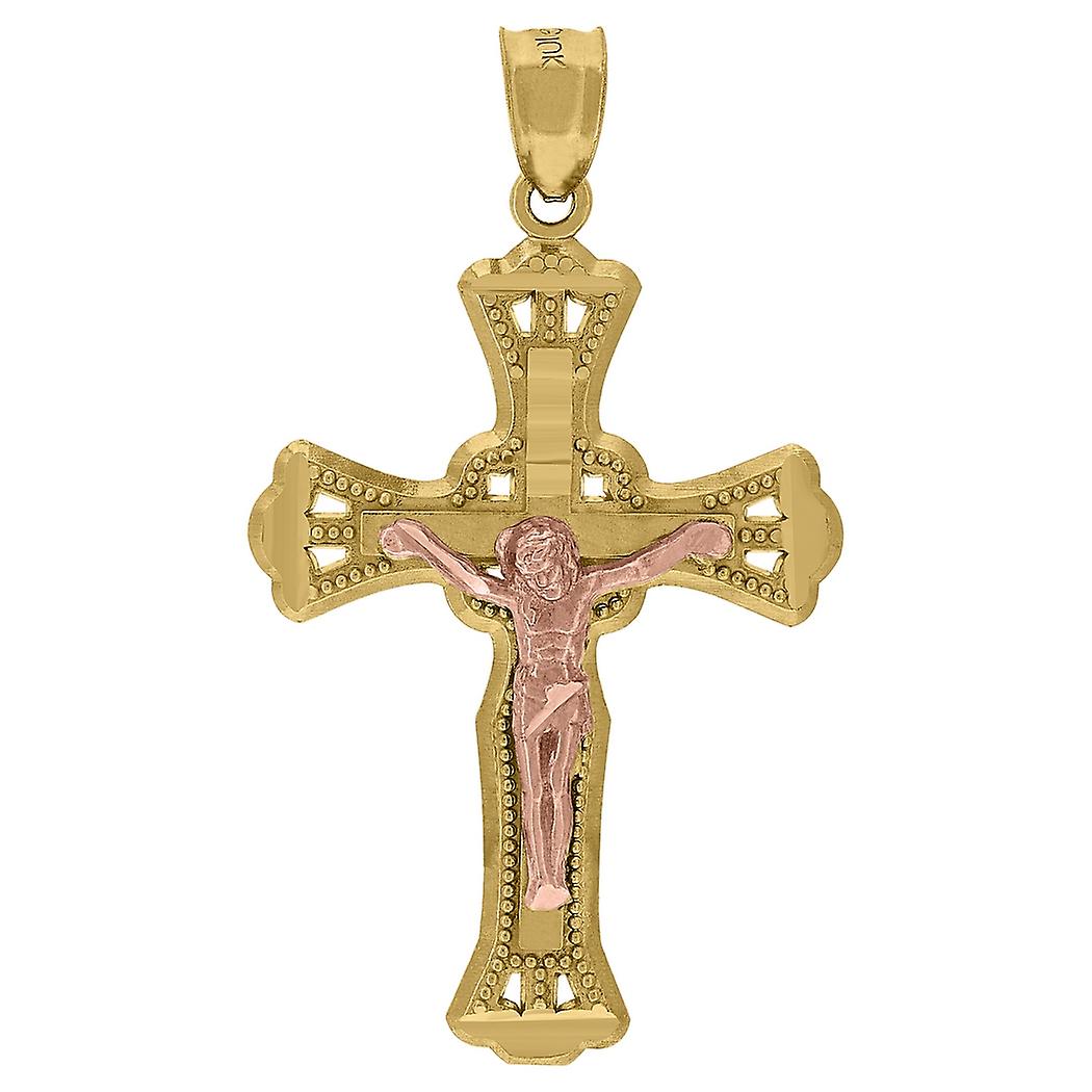 10kツートンゴールドメンズテクスチャ十字架クロス宗教チャームペンダント37.7x21.60mm男性用ワイドネックレス