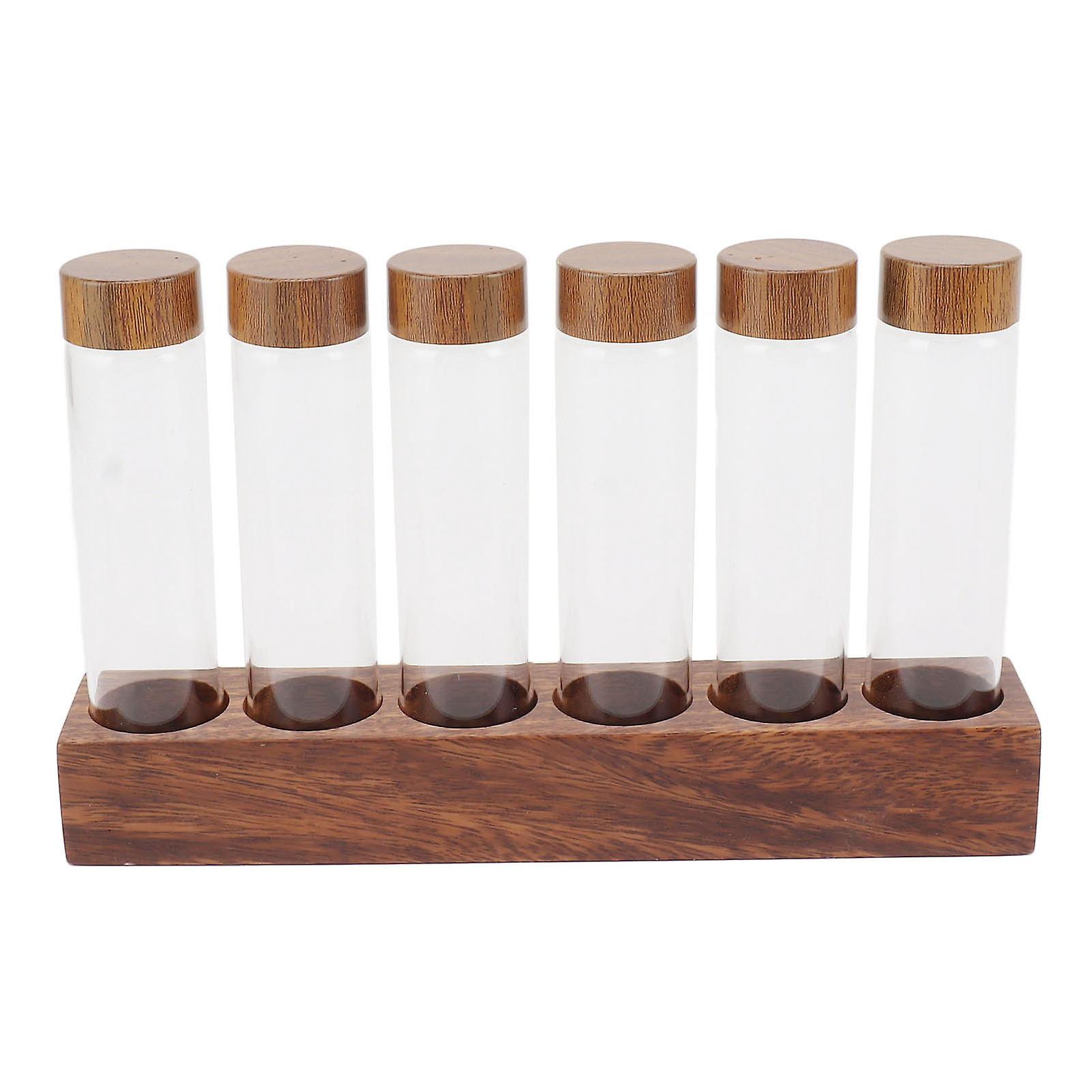 Coffee Bean Storage Tubes with Walnut Wood Stand Lid Glass Cellars Single Dose Coffee Bean Container for Kitchen Single Row 6 Holes