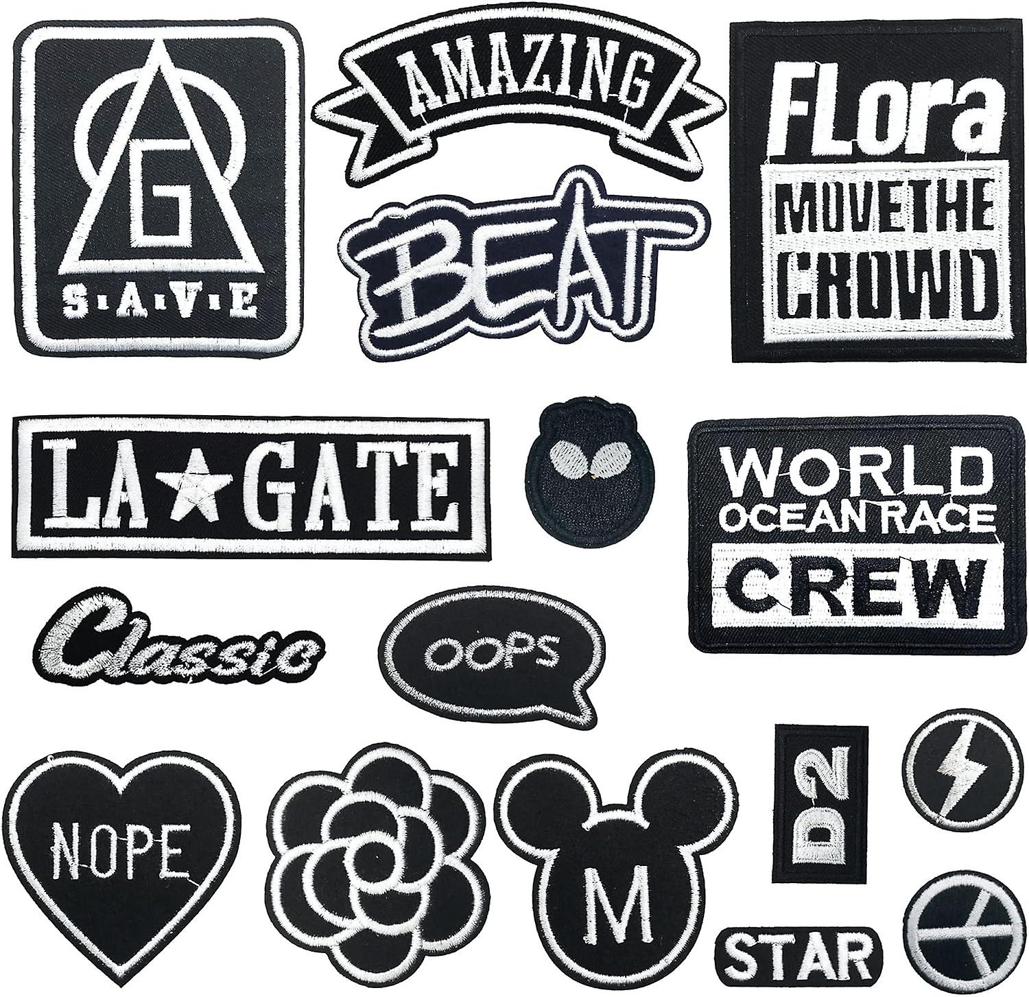 16 PCS Decorative Embroidered Patches, Slogan Embroidery Iron-on Patch Black White Patch Sticker Ap