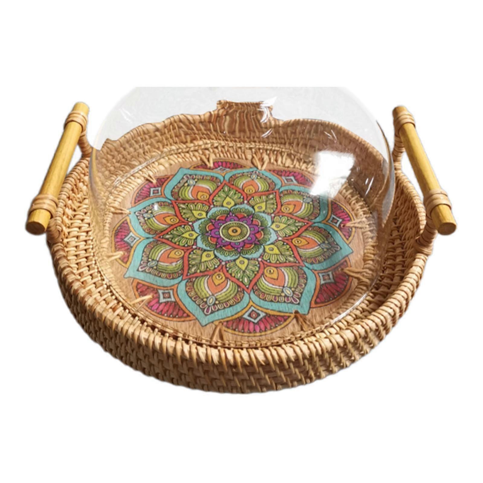Woven Storage Tray Rustic Style Round Serving Tray for Dessert Kitchen Table 22cm