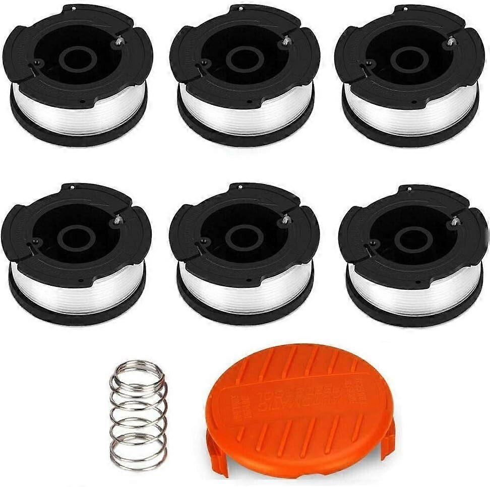 Set of 6 spools of line for Black & Decker edger, nylon line, length 9 m, diameter 1.65 mm, with 1 cap and 1 spring for Black & Decker edger