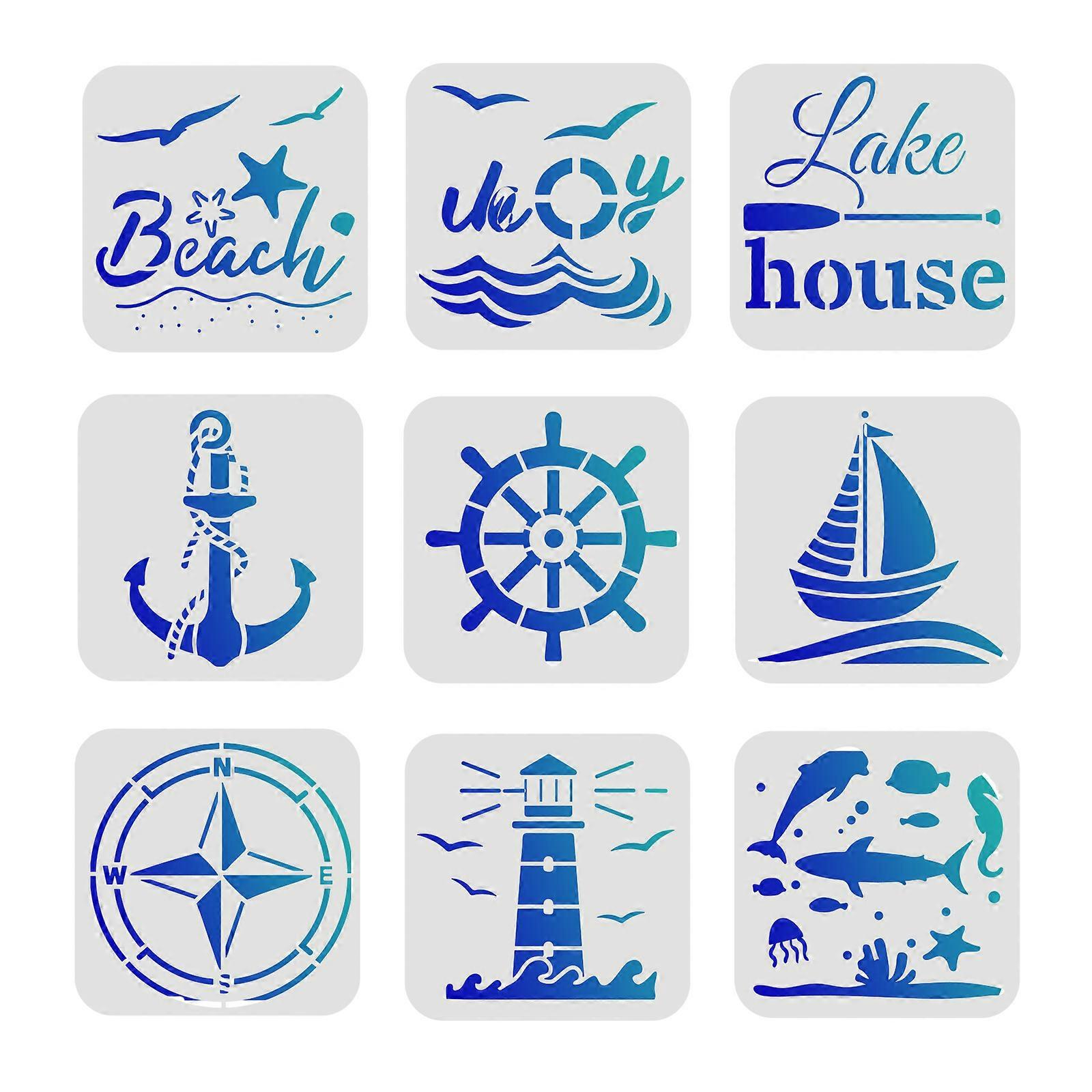 9 Pcs Compass Anchor Pattern Decoration Template Reusable PET Plastic Stencil