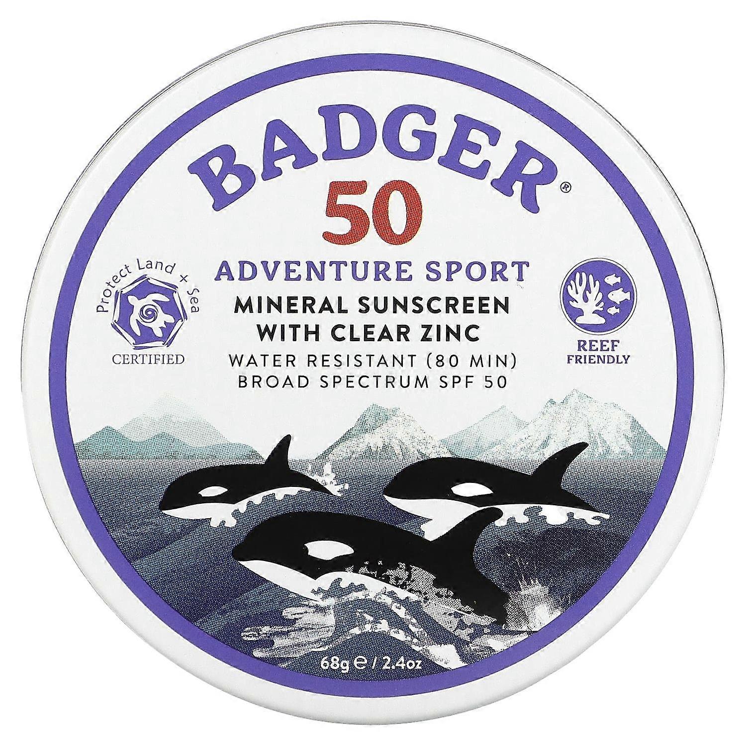 Badger, アドベンチャースポーツ、ミネラル日焼け止め、クリア亜鉛配合、SPF50、無香料、68g(2.4オンス)