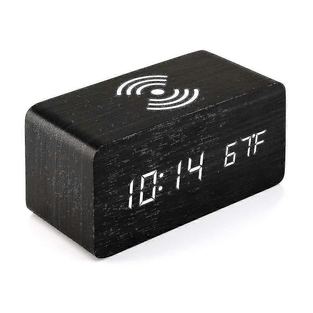 Wooden Digital Alarm Clock With Wireless Charging, 3 Alarms Led Display, Sound Control And Snooze Dual For Bedroom, Bedside, Office