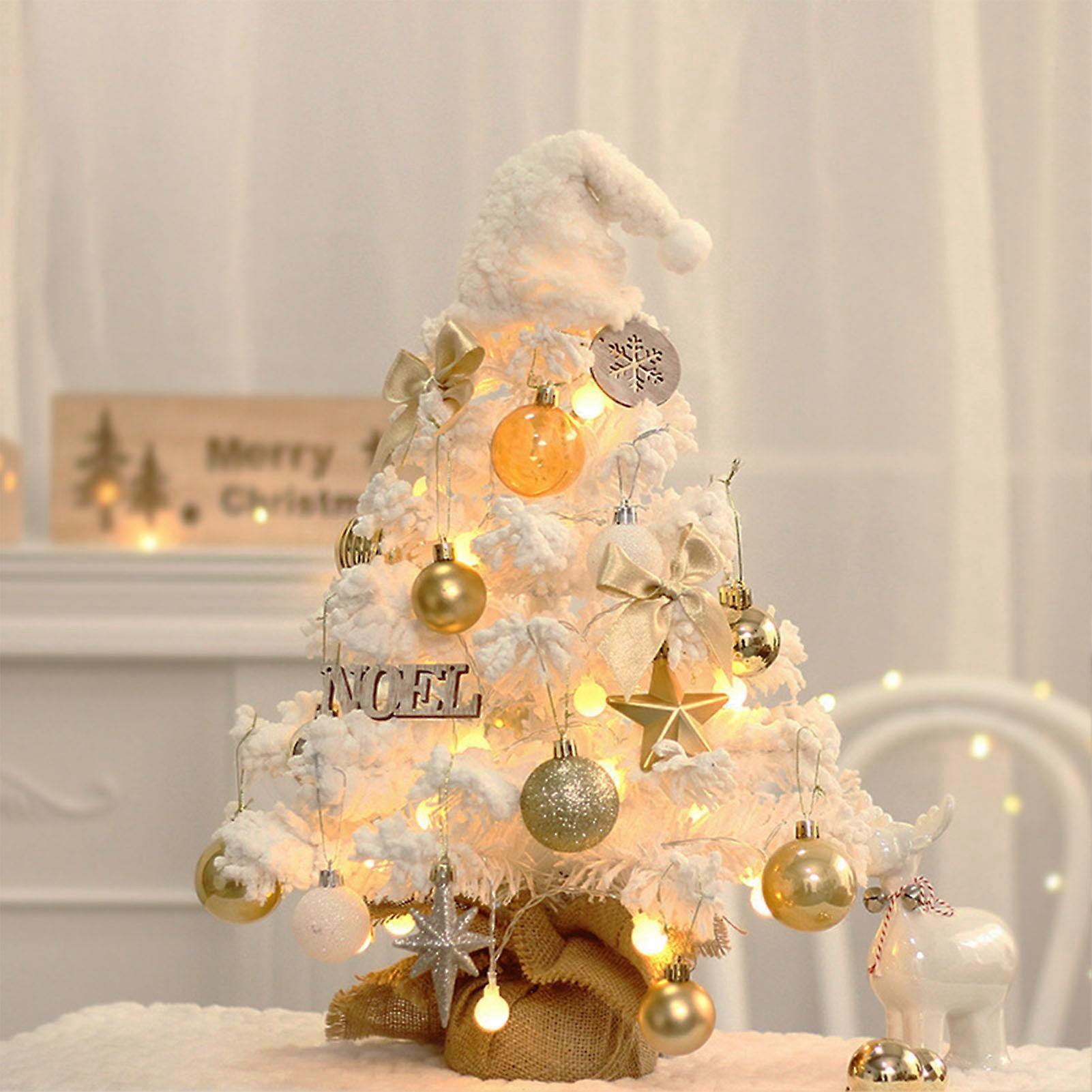 Tabletop Mini Christmas Tree Set with Warm White LED Lights Hat Treetop and Hanging Ornaments for DIY Christmas Decorations