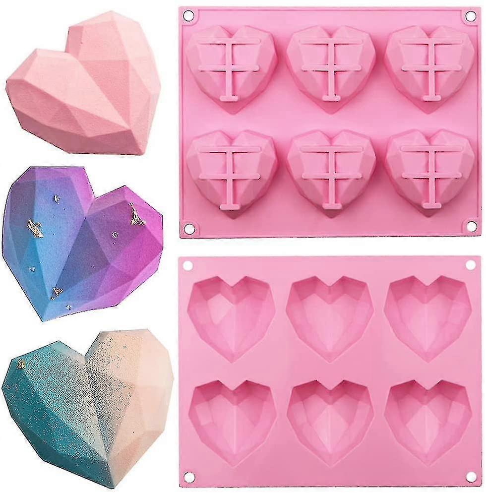 2 Pcs Love Heart Diamond Shape Mold, 6 Cavity 3d Diamond Heart Silicone Mold, Diy Chocolat