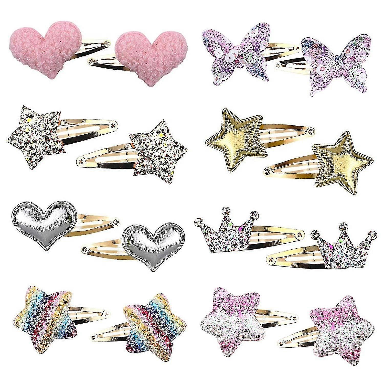 8 أزواج / 16 حزمة مقاطع الشعر للبنات ، نجمة / تاج / قلب / فراشة على شكل أطفال الشعر Barrettes ، لطيف مشابك الشعر المعادن المفاجئة دبابيس الشعر براقة تصفيف الشعر