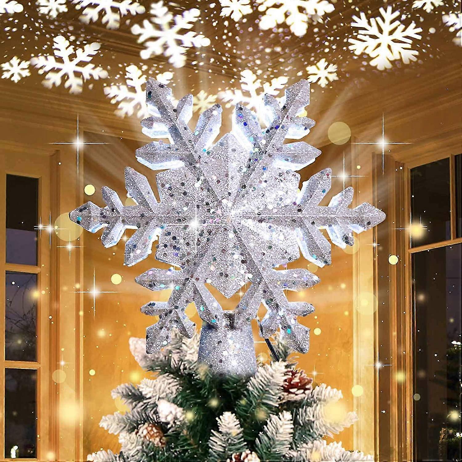 Christmas Tree Topper Lighted With Led Rotating Silver Snowflake Decorations Projector