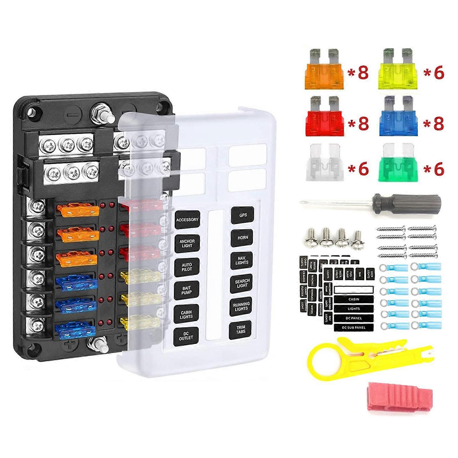 12 Circuit Fuse Block, Damp-Proof Cover for SUV Automotive Car RV Auto Boat - Style A