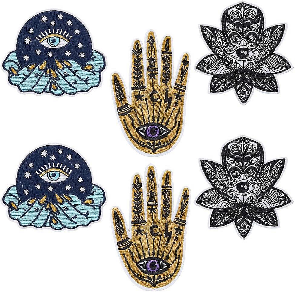 6Pcs Hamsa Hand Patch 3 Styles Hand of Evil Eye Patches Embroidered Iron-on Patch Embroidered Applique Badge Decorative Repair Patch for DIY Clothing 
