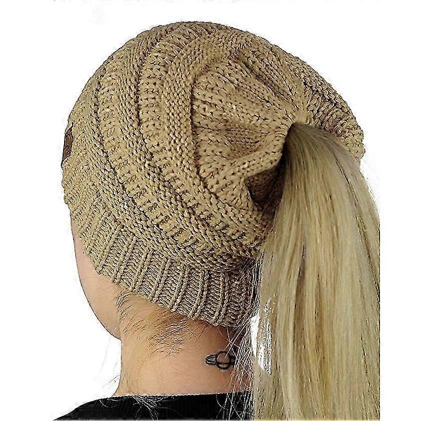 1pcs Soft Stretch Cable Knit Messy High Bun Ponytail Beanie Hat