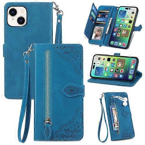 For iPhone 15 Embossed Flower Zipper Leather Phone Case