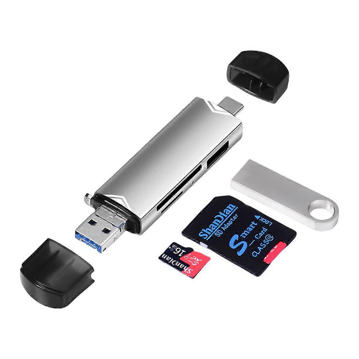 New multi-function 6-in-1 card reader TF/SD/U disk/type-c OTG universal expansion high-speed card reader-silver
