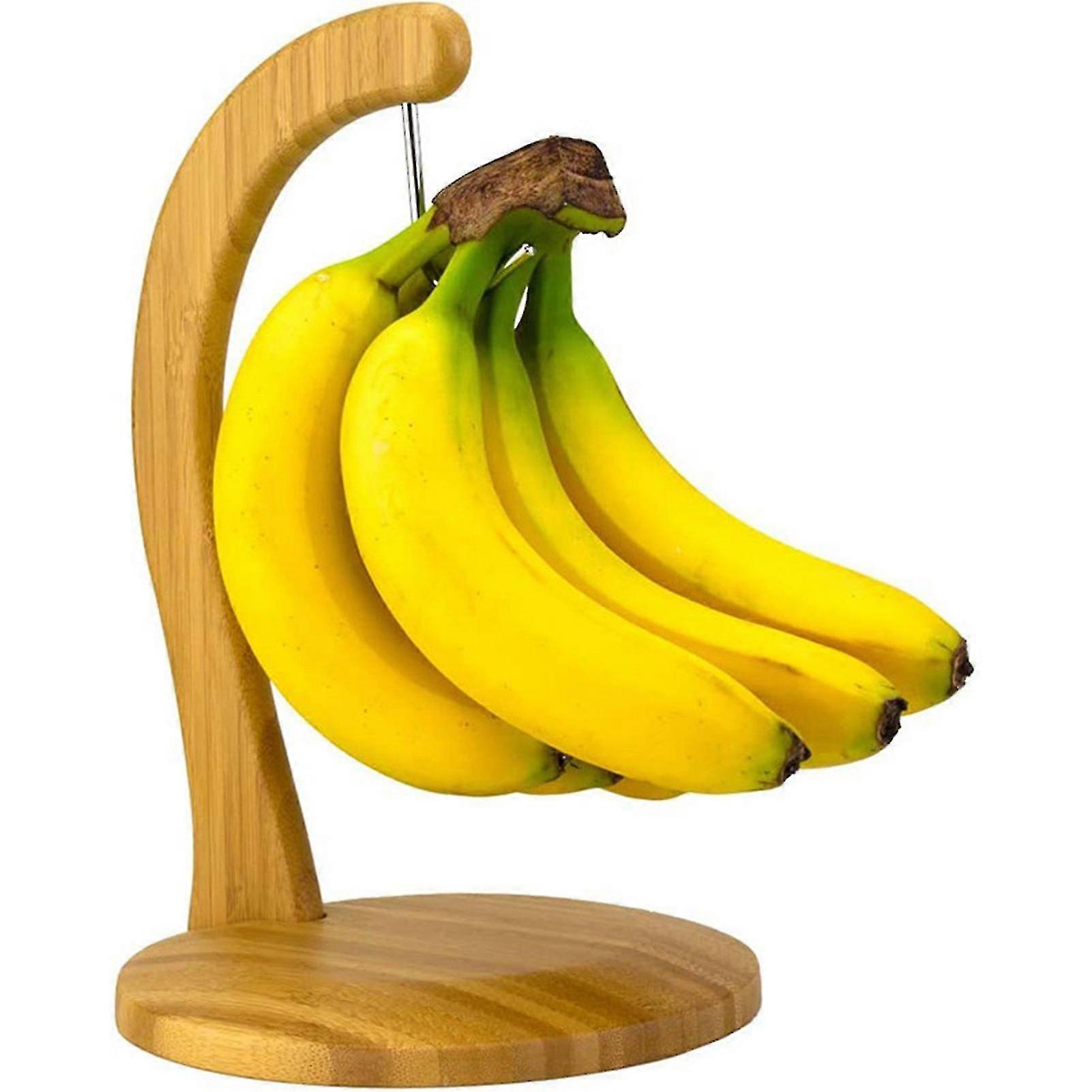 Bambus bananfrugtholder bambusbase og arm med krog i rustfrit stål til køkkenbordplader fri for rod