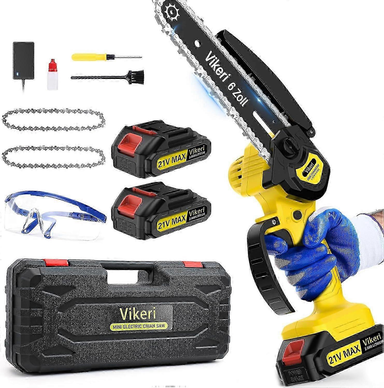 Mini Chainsaw with Battery, Battery Chainsaw 2 x 2000 mAh, 6 Inch Hand Chainsaw, Portable Electric Hand Chainsaw with LED Power Indicator, Chainsaw Ba