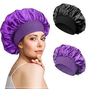 Pack of 2 Satin Bonnet Night Sleep Hat Adjustable Sleeping Cap Headwear Soft Head Cover Sleeping Cap Silk with Elastic Band for Women and Girls