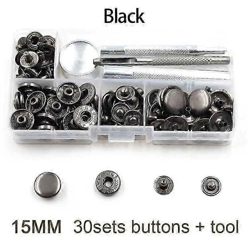 30 sets 15mm Snap Buttons +Manually Install Tools Boxed Snaps Rivets Metal Buttons