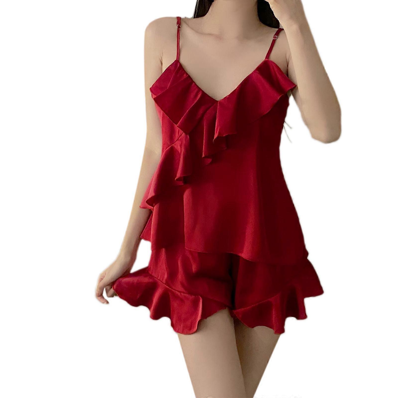 夏のサスペンダーパジャマセクシーな薄い無地サテンロータスネックラインVネックノースリーブパジャマショーツツーピーススーツレッドXL