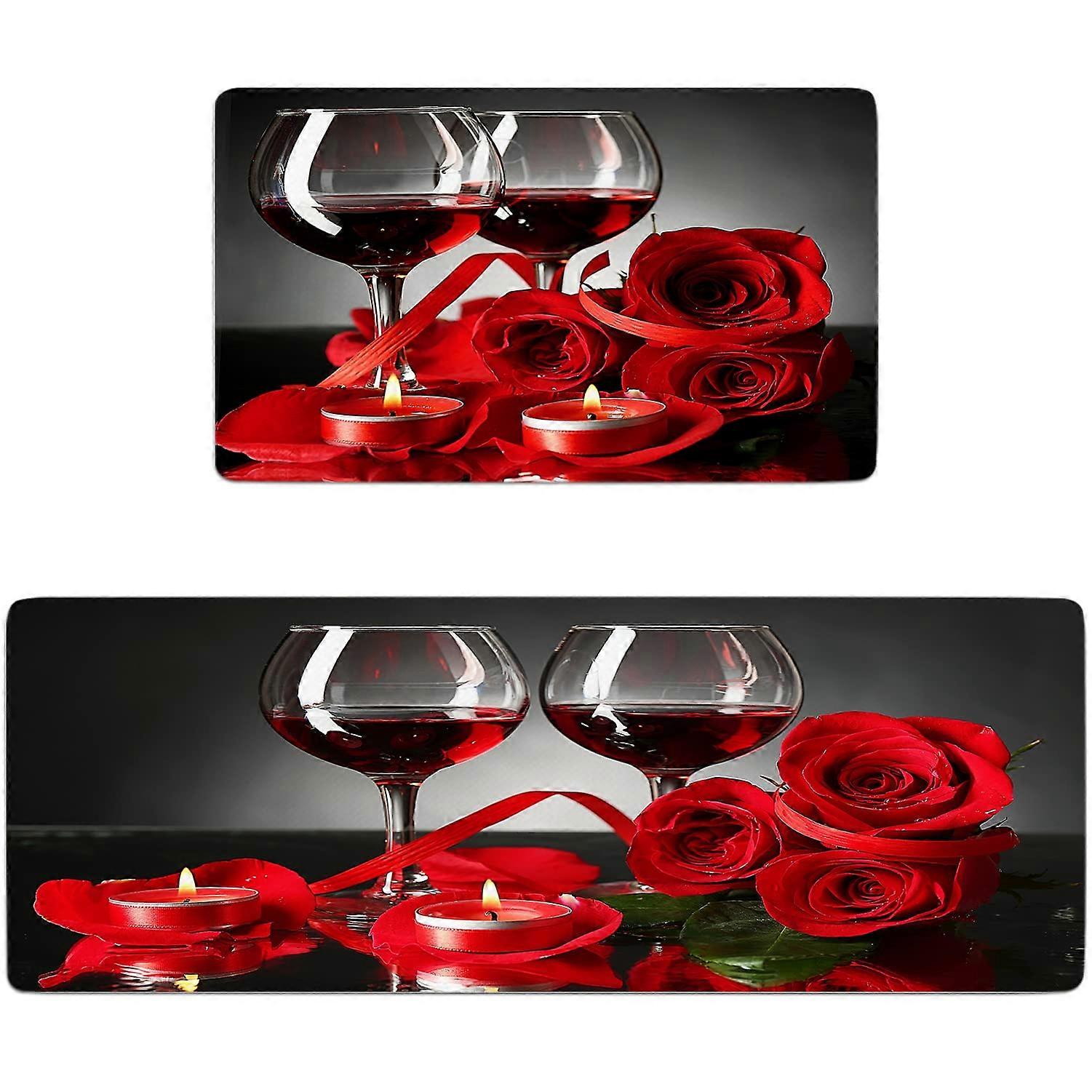 2 مجموعة سجاد وحصائر المطبخ وردة حمراء مبطنة مضادة للتعب غير قابلة للغسل لغسيل حوض المطبخ