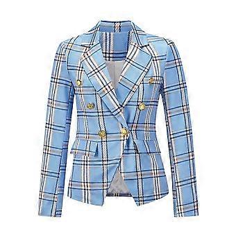Geruit casual klein colbert voor herfst en winter Europees en Amerikaans temperament slank kort professioneel vrouwelijk pak (blauw)