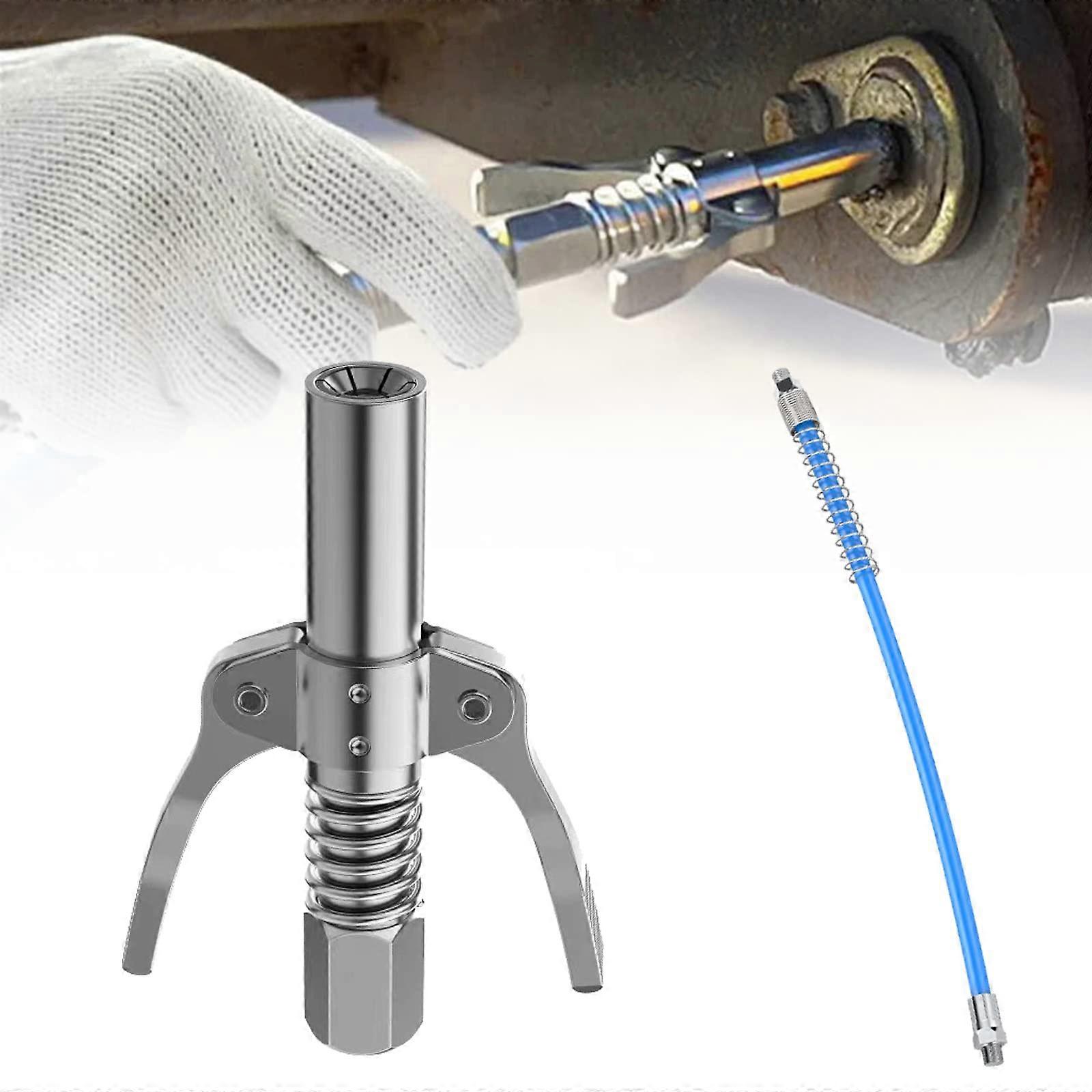 Strong Lock Grease Couplers for High Pressure Grease Guns with Flexible Spring Hose - Heavy Duty, Durable, Compatible