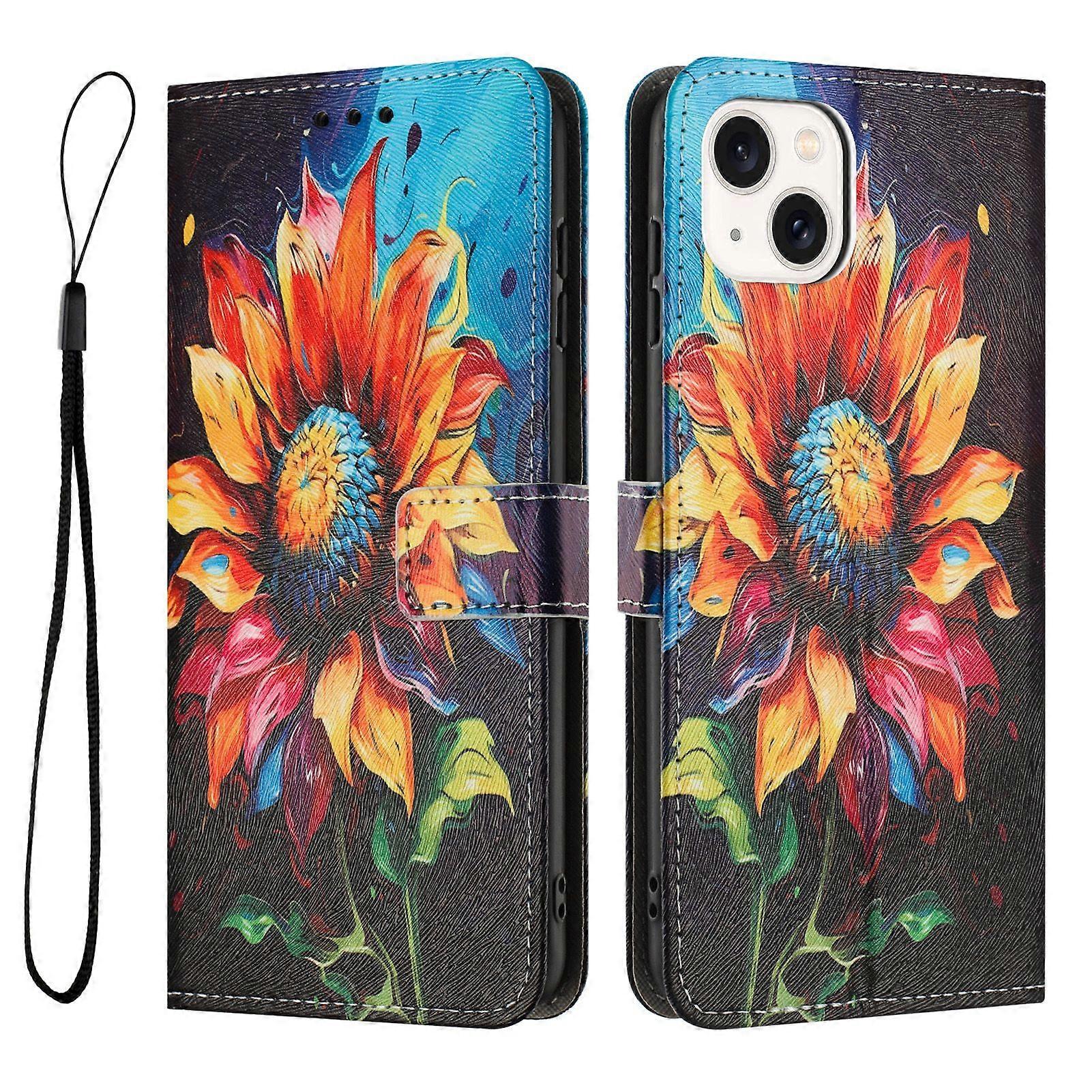 For iPhone 14/ 13 Case Pattern Printing PU Leather Wallet Phone Cover with Lanyard