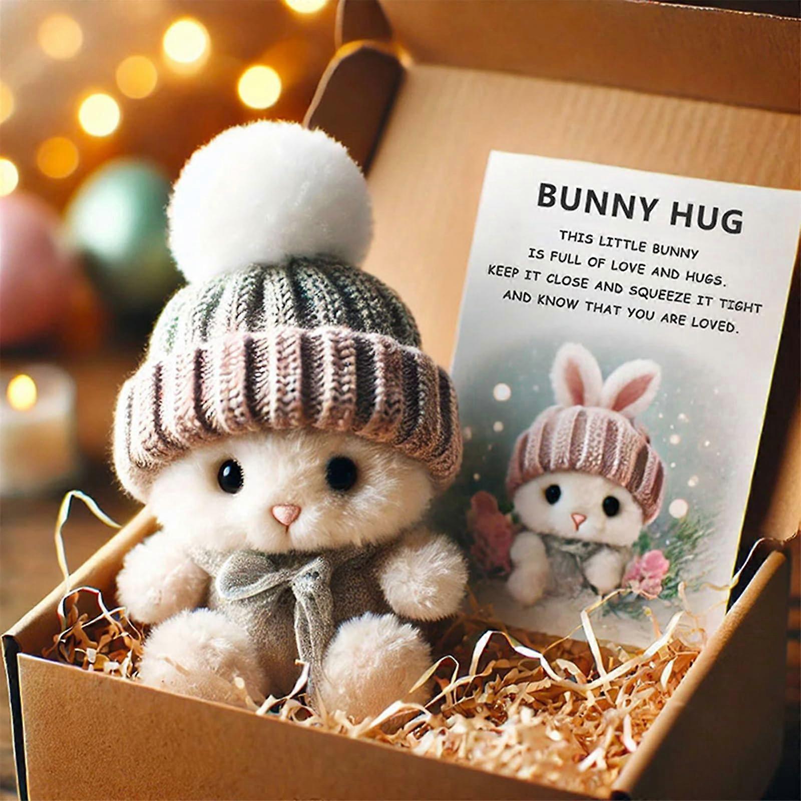 Mini Bunny Hug Plush Rabbit with Knit Hat and Pom-Pom, Soft Emotional Support Gift in Box for Easter, Positive Comfort Toy