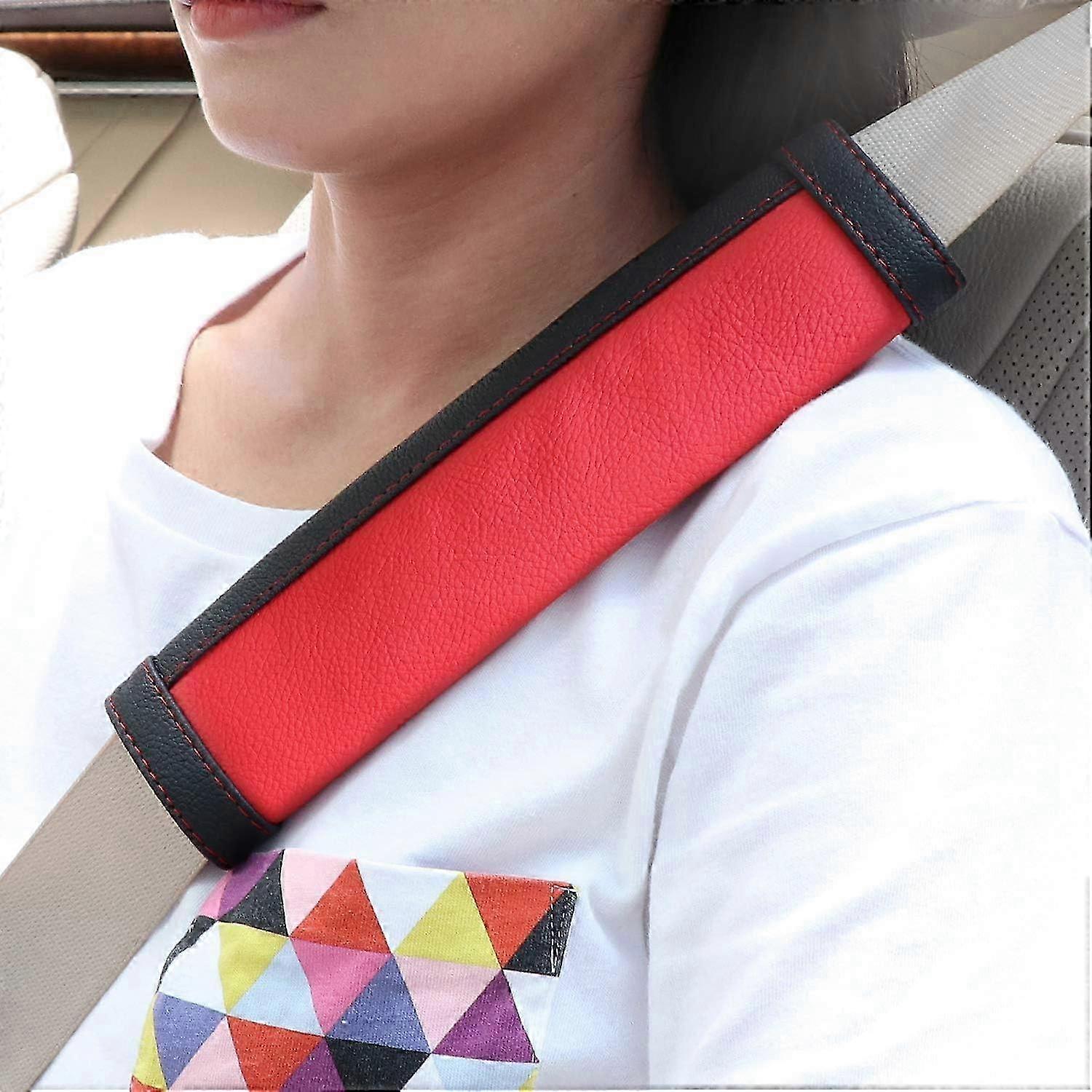 Set of 2, Black and Red Car Seat Belt Pads, Leather Seat Belt Shoulder Pads for Adults and Kids