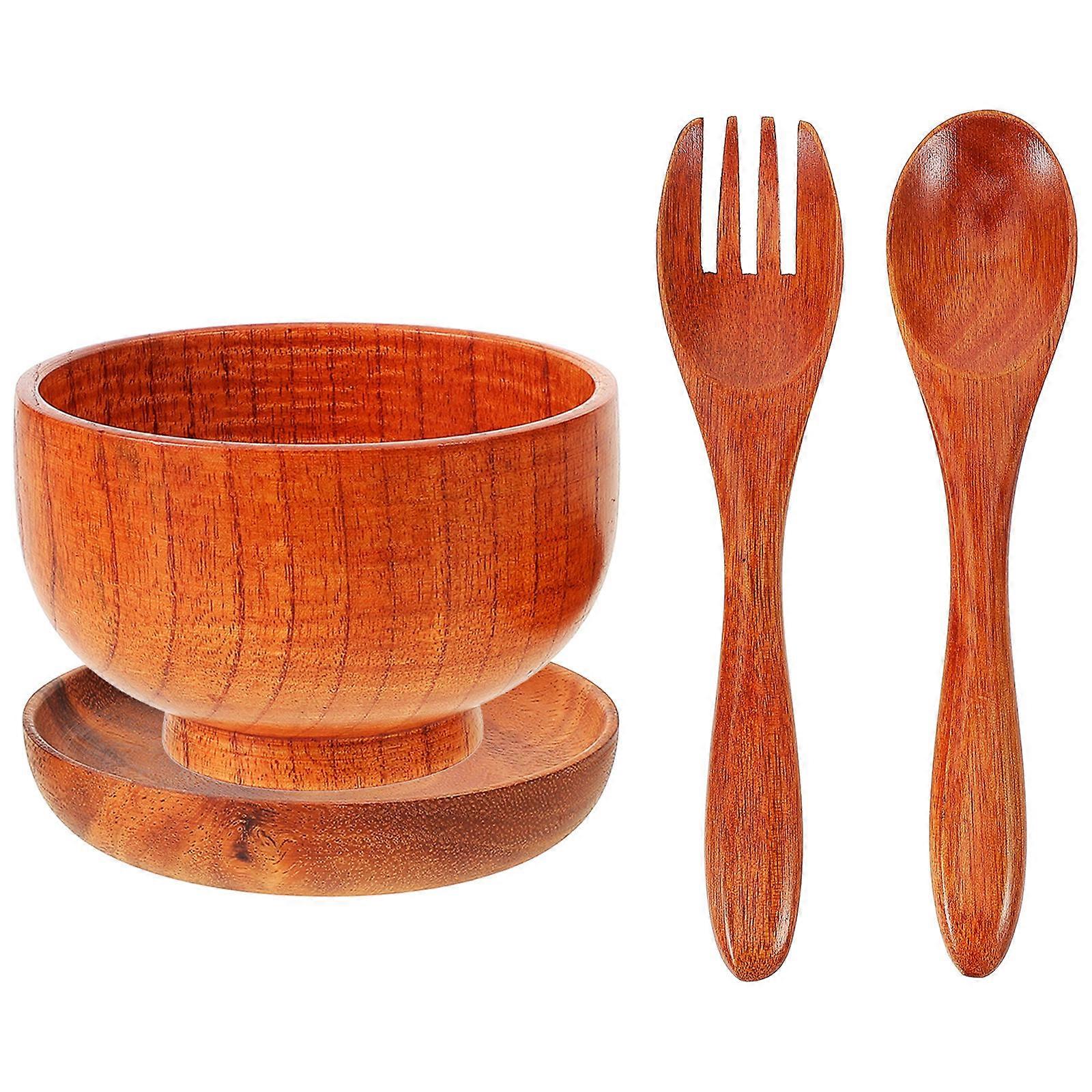 Wooden Salad Bowl Set with Fork and Spoon, Lightweight Serving Bowl with Smooth Edges for Home, Restaurants, and Canteens