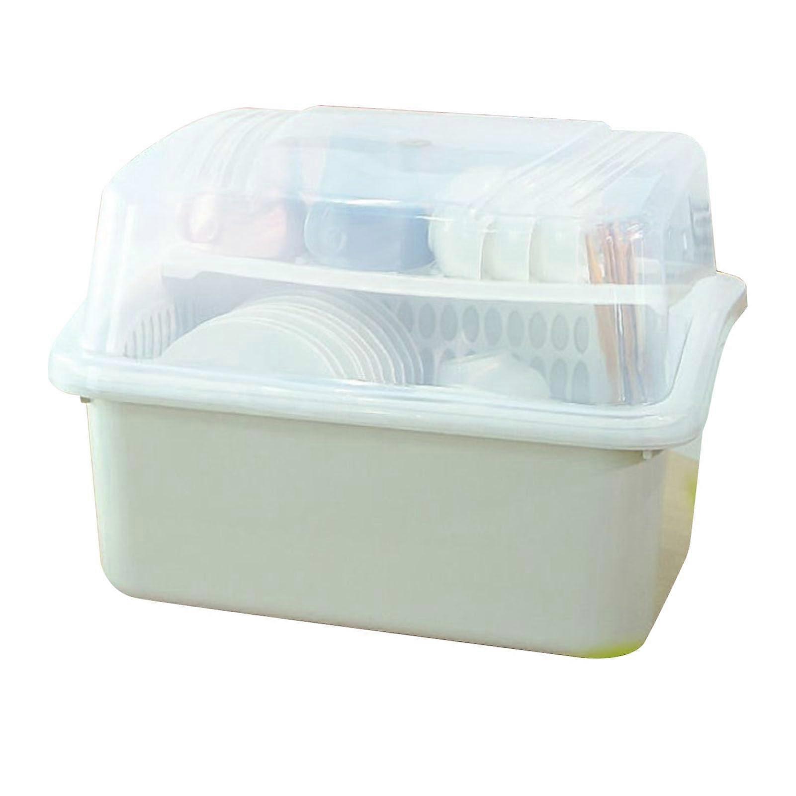 Plastic Dish Dryer, Large Capacity Dish Rack with Dustproof Lid, Draining Function for Bowls, Plates and Utensils, White (DqCaCIe12)