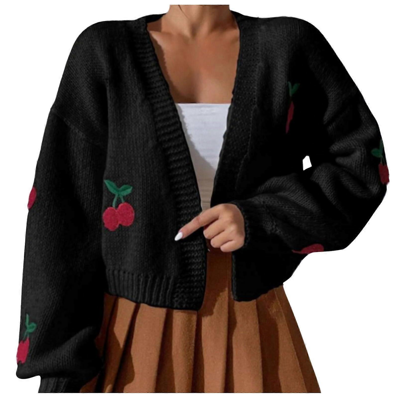 Women's V-Neck Cardigan Autumn Winter Knitted Coat Loose Casual Jacket Button Short Elegant Sweater Schwarz L