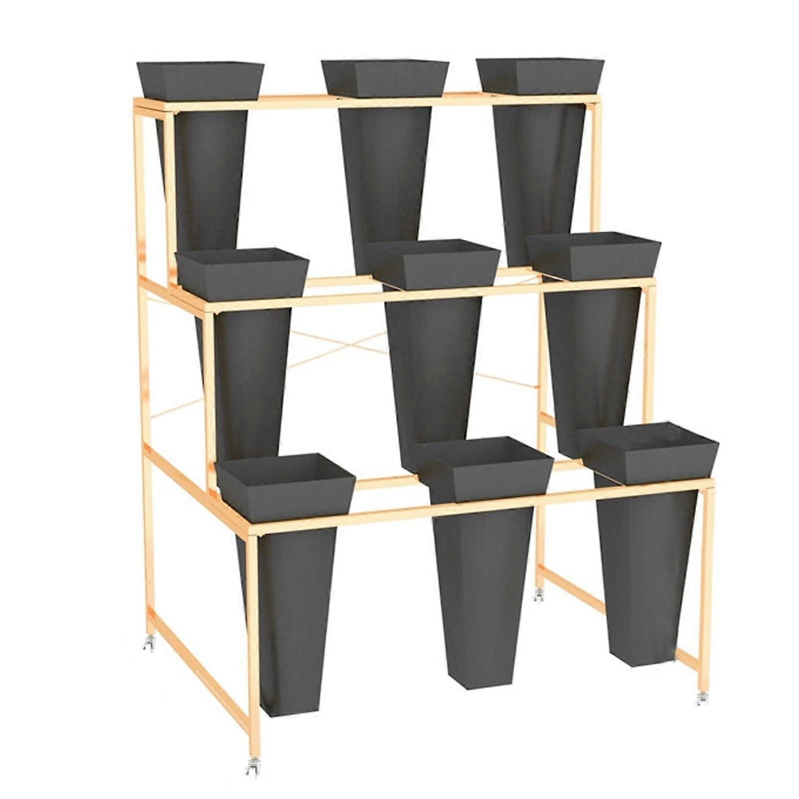 Mobile Flower Display Stand with Wheels, 3-Tier 9-Bucket Plant Rack for Indoor and Outdoor Use, Gold Frame with White Buckets