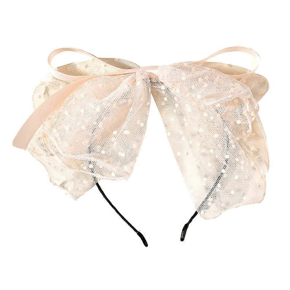 Large Mesh Bowknot Headband for Women Girls Beige Color Fabric Material Sweet Fashionable