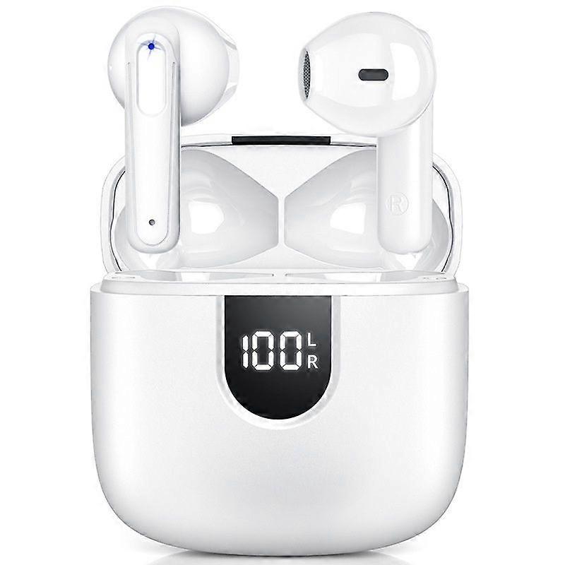 Wireless Earbuds Bluetooth 5.3 Deep Bass Noise Cancelling Microphone Charging Case with LED Power Display(White)