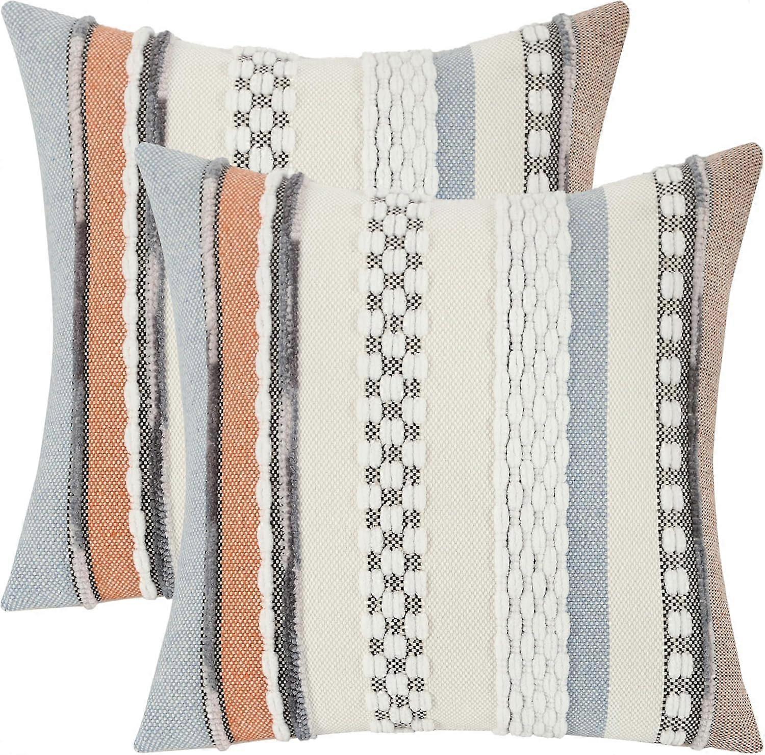 Boho Throw Pillow Covers Pack Of 2, 18 X 18 Inch, Chenille, Striped Farmhouse Pillow Case For Sofa, OrangeBlue