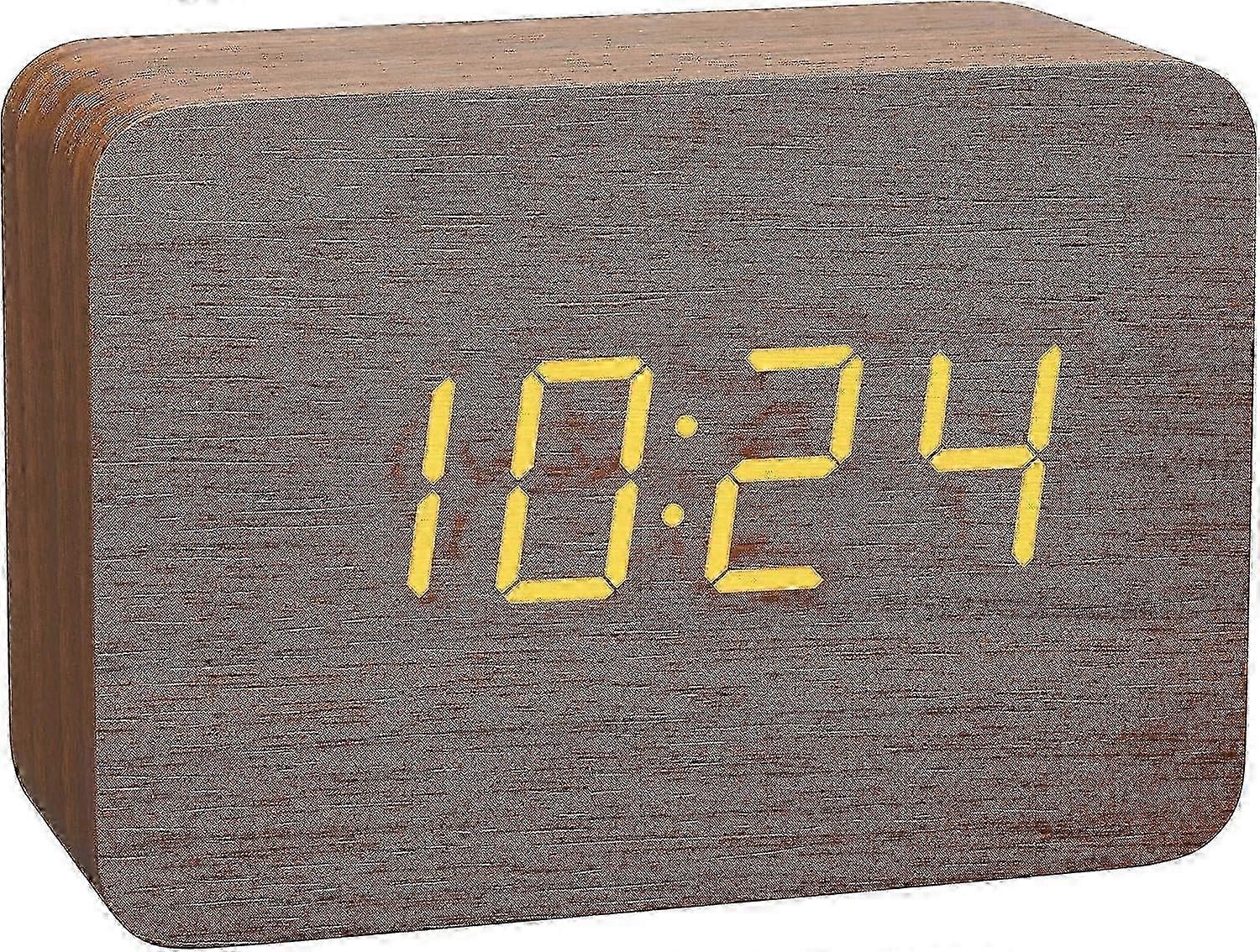 Small digital clock, wooden alarm clock on the bedside table in the bedroom, fashionable wood grain alarm clock, dimmable travel clock