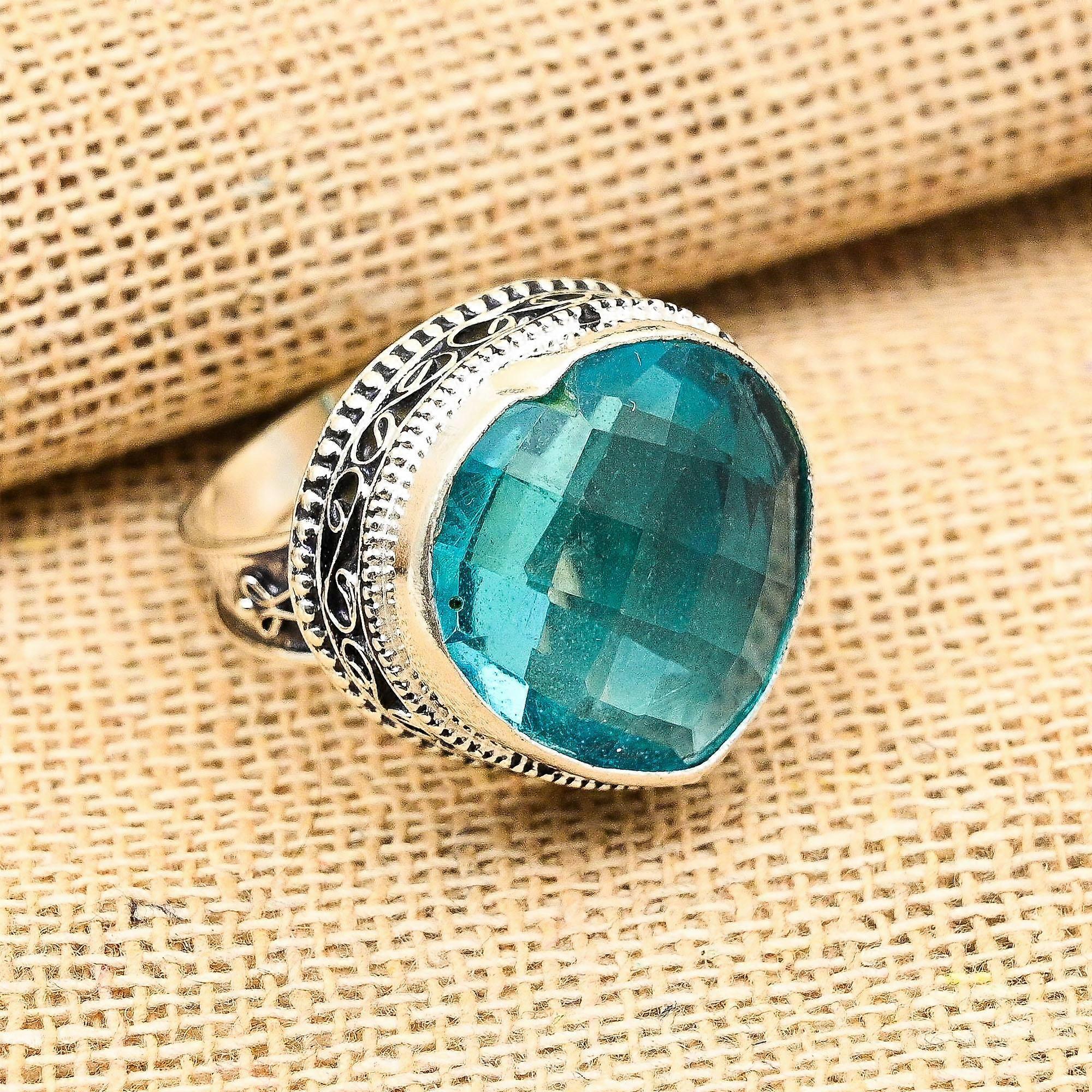 Heart Shape Blue Topaz Gemstone Handmade Solid 925 Sterling Silver Ring Jewelry