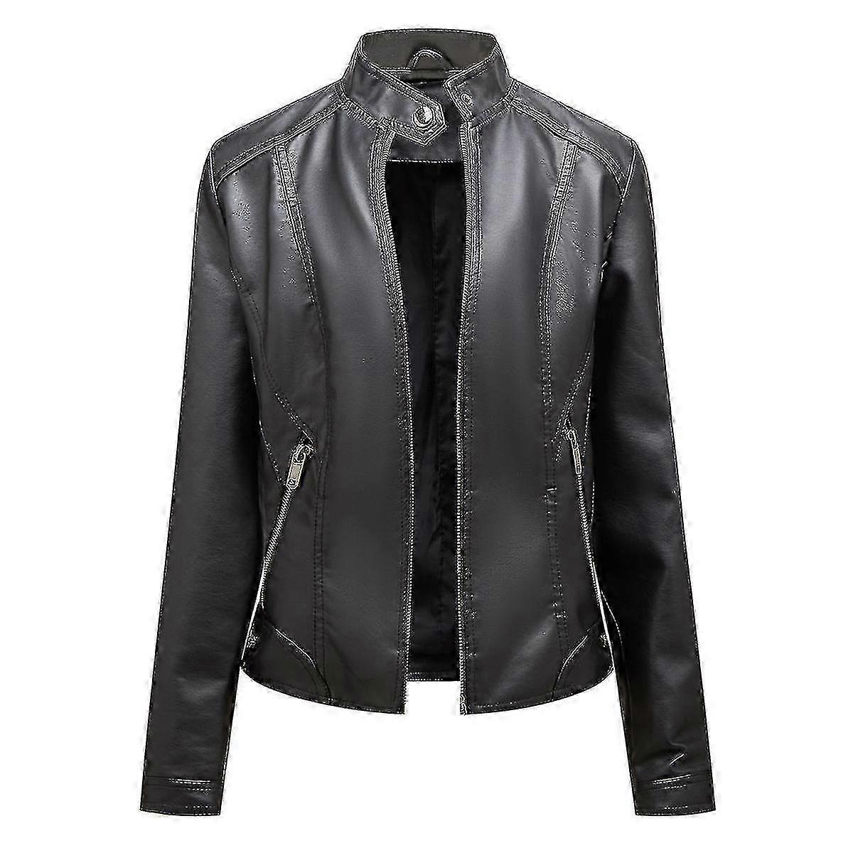 Women's Leather Jacket Solid Color with Slim Fit and Zip Front