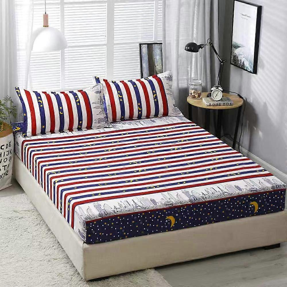 Fitted Bed Sheet Set with Pillowcases, Elastic Lattice Stripe Mattress Cover 17 Colors