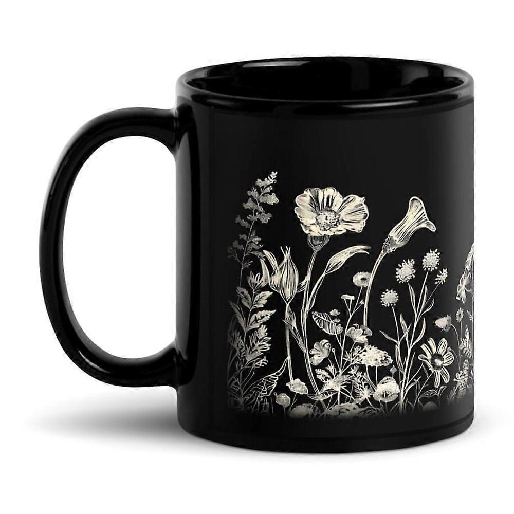 Sgraffito Wildflowers Ceramic Mug Black Mug (11 oz)