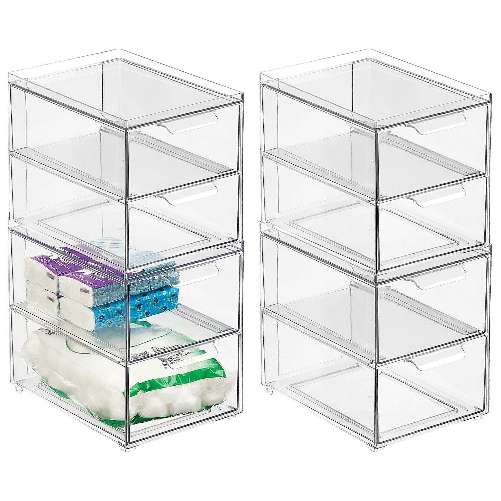 mDesign Stackable Plastic Storage Bath Bin - 2 Pull-Out Drawers, 4 Pack, Clear