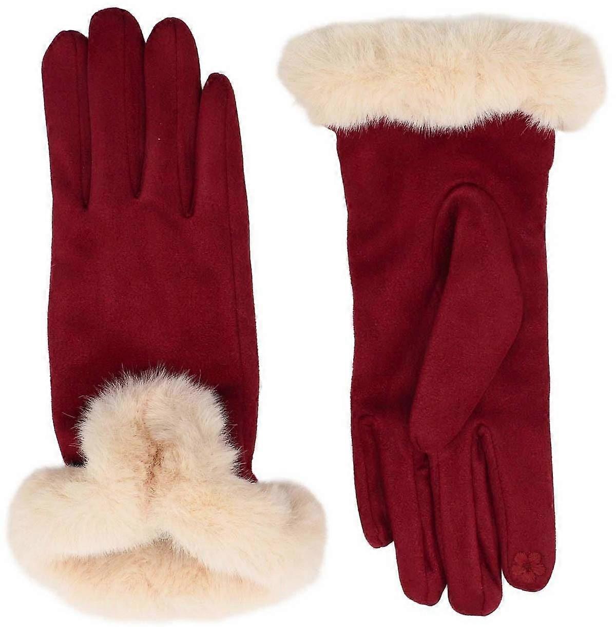 Zelly Faux Fur Cuff Gloves - Burgundy Red/Cream