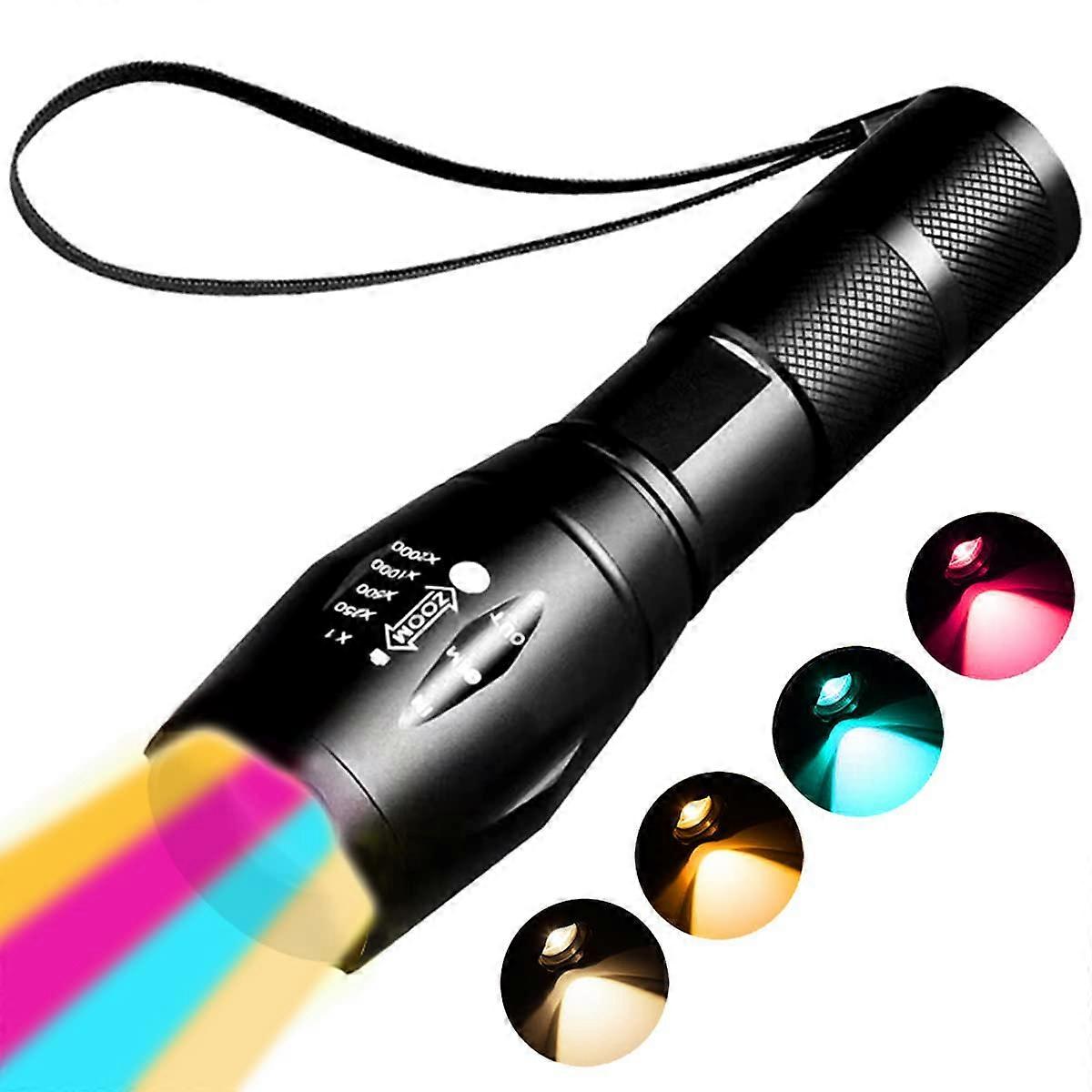 Rechargeable LED Flashlight with 4 Lighting Color Modes, Zoom Focus, USB TypeC for Photography