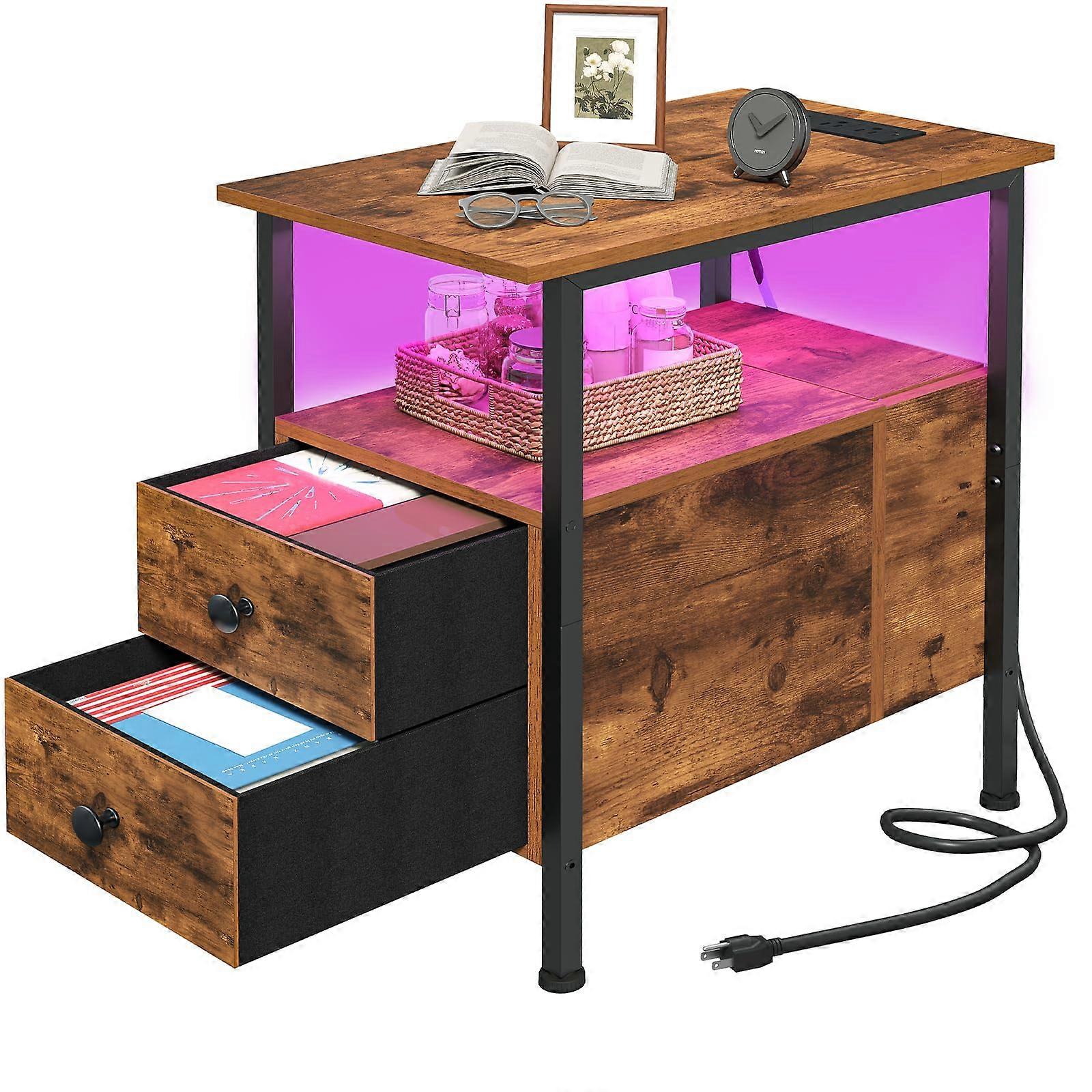 Rustic Slim End Table with Charging Station and LED Light, 2 Drawers, USB and TypeC Ports
