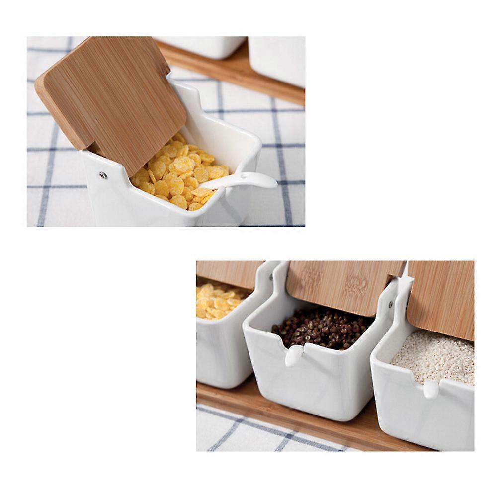 Salt Storage Container Ceramic Spice Jars Bamboo Lid Home Users Serving Sugar 1Set