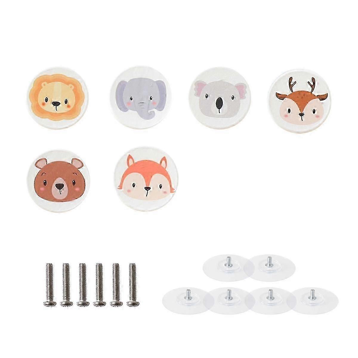 6Pack White Wooden Animal Pattern Drawer Knobs Round Shape Animal Drawer Pulls Cute Dresser Knobs Cabinets Knobs Pulls
